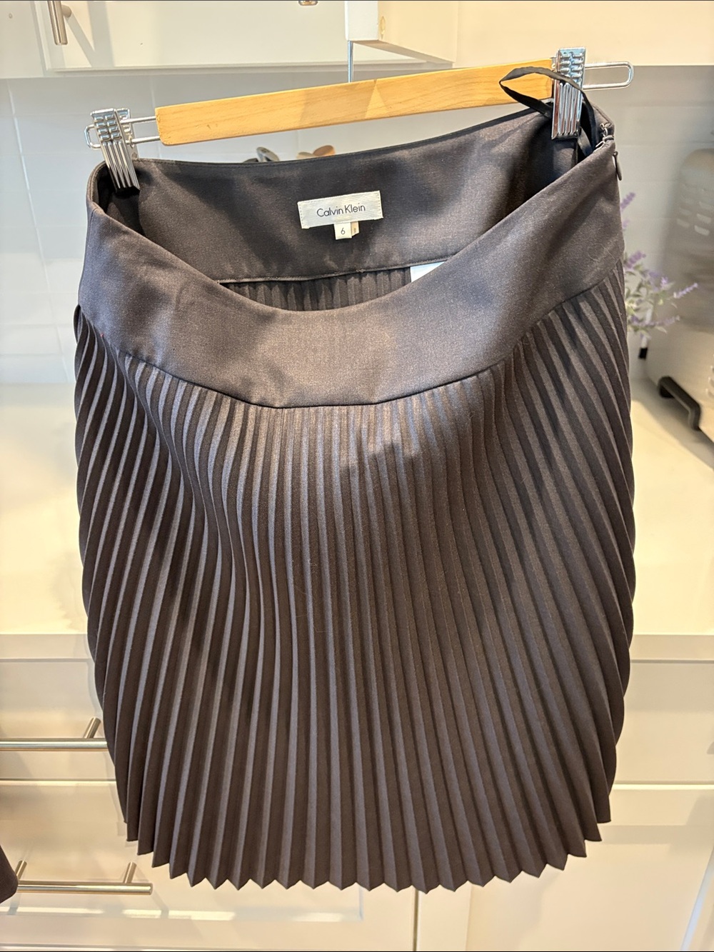 Calvin Klein Chocolate Brown Pleated A-Line Satin Skirt